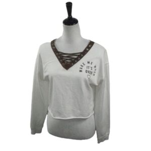 Awake Cream/Brown Lace Up Neckline Cropped Top Size Medium